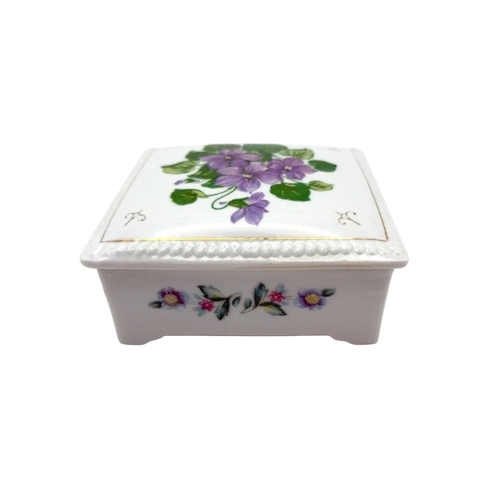 Vintage Japanese Porcelain Trinket Box Purple Violets & Gold Trim Jewelry Box